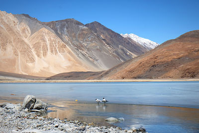 Scenic view of snowcapped mountains by lake against sky