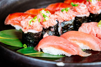 Close-up of sushi served in plate