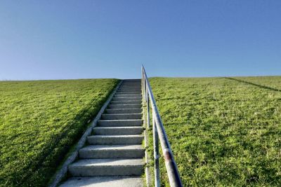 View of dirt road on field against clear sky