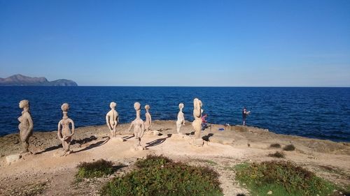 Birds on beach against clear blue sky