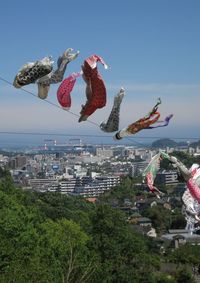 Waving koinoboris hanging from cable over trees in city against sky