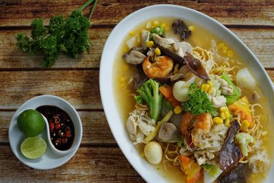 High angle view of meal served on table