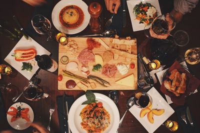 Directly above shot of food served on table