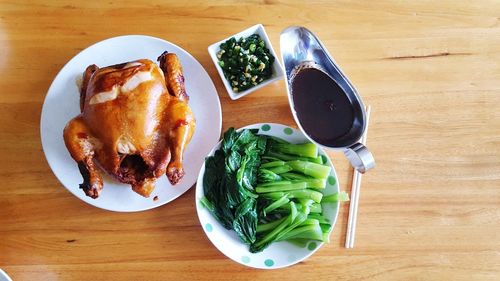 High angle view of food in plate on table