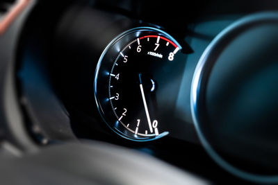 Close-up of speedometer in car