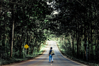 Rear view of man walking on road amidst trees