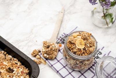High angle view of breakfast on table