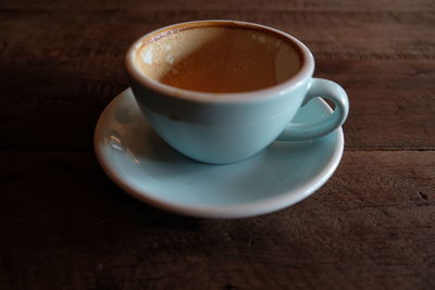 High angle view of coffee cup on table