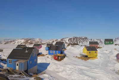 Panoramic view of snowcapped mountains against clear blue sky