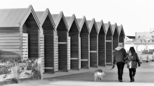 Rear view of people walking with dog