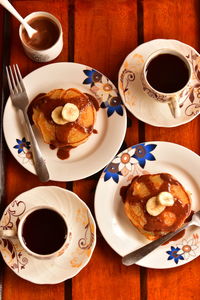 High angle view of breakfast served on table