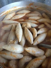 High angle view of fish balls in container