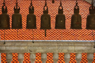 Close-up of hanging bells