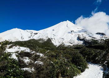 Scenic view of snowcapped mountains against clear blue sky