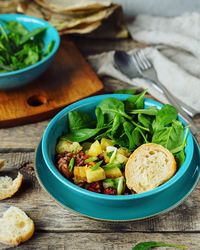 High angle view of salad in bowl on table