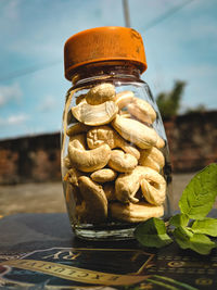 Close-up of drink in jar on table