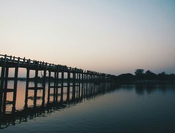 Scenic view of lake against clear sky during sunset