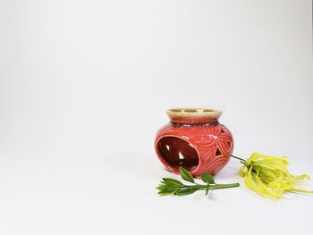 Close-up of red rose in glass against white background