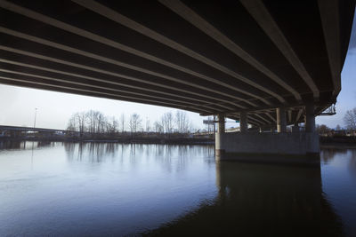 Bridge over river against sky in city