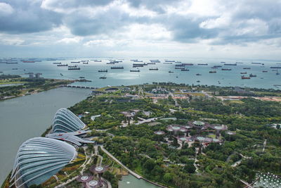 Areal view of gardens by the bay and port of singapore