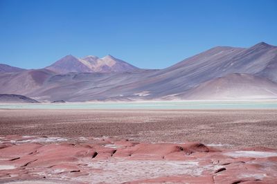 Scenic view of desert against clear blue sky