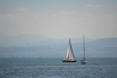 Sailboat sailing on sea against sky