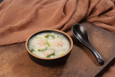 High angle view of soup in bowl on table