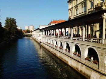 Bridge over river by buildings against clear sky