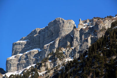 Low angle view of rock formation against clear blue sky