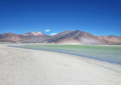 Scenic view of mountains against clear blue sky and blue lake 