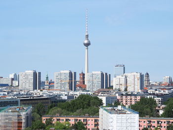 Fernsehturm amidst buildings against clear sky