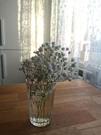 Flower vase on table against window at home