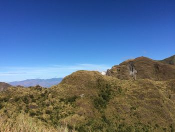 Scenic view of mountains against clear blue sky