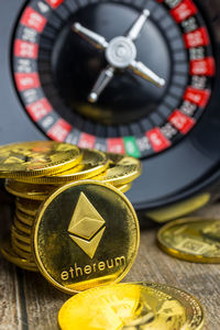 High angle view of coins on table