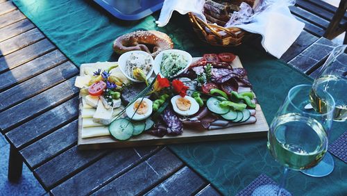 High angle view of food served on table