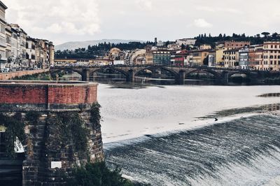 Bridge over river against buildings in city