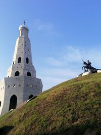 Low angle view of lighthouse on mountain against sky