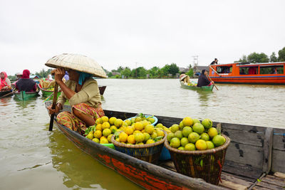 View of fruits in river against clear sky