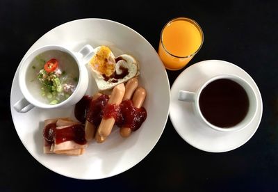High angle view of breakfast served on table