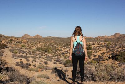 Rear view of woman standing on mountain landscape