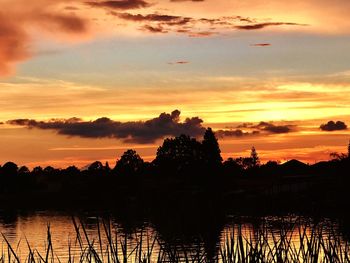 Silhouette trees by lake against sky during sunset