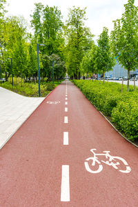 Sustainable transport. blue road sign or signal of bicycle lane, road bike with green trees 