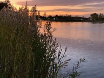 Scenic view of lake against sky at sunset