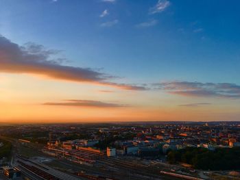 High angle view of townscape against sky during sunset