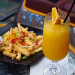 Close-up of drink served on table