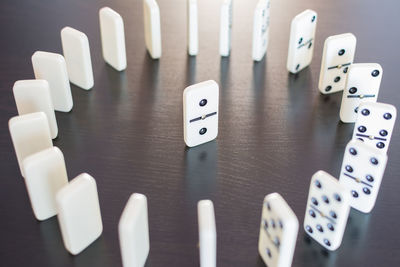 High angle view of piano keys on table