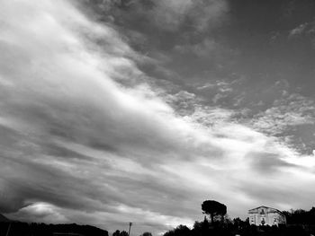 Low angle view of silhouette trees and buildings against sky