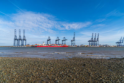 Felixstowe container port panoramic shots showing gantry cranes and container ship