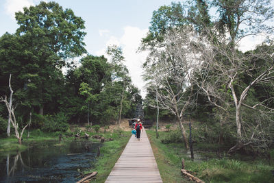 Rear view of woman walking on footpath amidst trees in forest