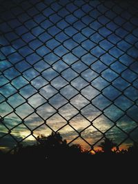 Silhouette trees against sky seen through chainlink fence